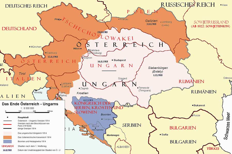 Karte: Das Ende Österreich-Ungarns nach den Pariser Verträgen 1920