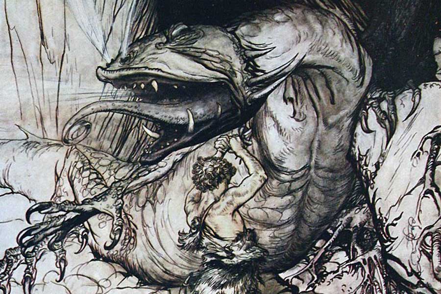 Der Lindwurm Fafnir, den der Held Sigur im skandinavischen Mythos erlegt, darf als direktes Vorbild für Tolkiens Drachen Smaug gelten.