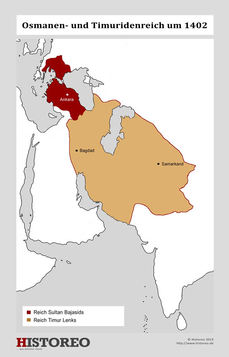 Die Ausdehnung des Osmanenreiches und des Machtbereichs Timurs im Jahr 1402.