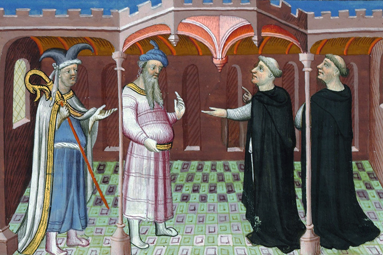 Dominikanische Bettelmönche predigen Muslimen das Christentum. (Buchmalerei aus einem französischen Manuskript, ca. 1410)