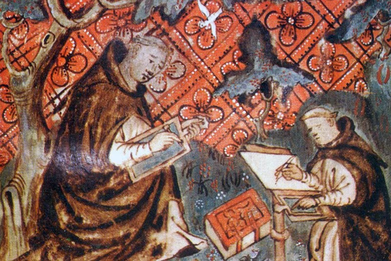 historeo: Mittelalterliche Mönche arbeiten an einer neuen Handschrift. (Buchmalerei aus einem niederländischen Manuskript, ca. 1380)