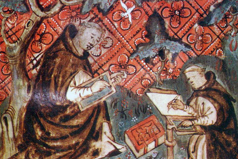 Mittelalterliche Mönche arbeiten an einer neuen Handschrift. (Buchmalerei aus einem niederländischen Manuskript, ca. 1380)